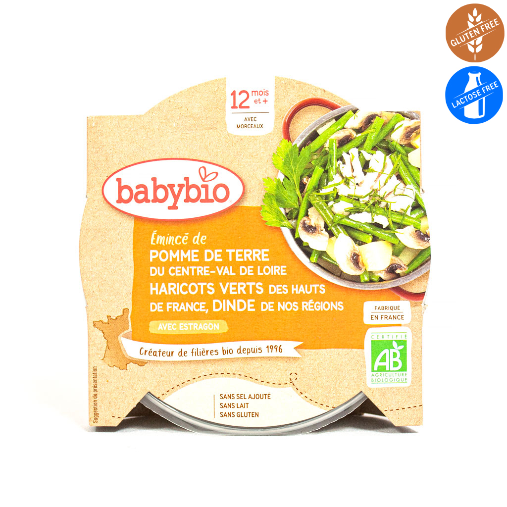 БИО обедно меню - пуешко, картофи и зелен фасул, след 12 месец 230 g, Babybio.jpg