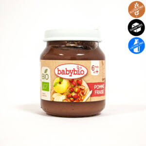БИО плодово пюре ябълка, ягода и синя боровинка след 6-ия месец 130 глин, Babybio.jpg
